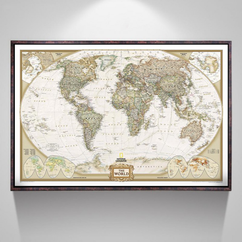 Poster Vintage Carte Du Monde 71x50 Cm - Style Rétro, Papier Kraft Mat, Autocollant